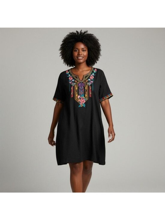 Unknown Dresses & Skirts - Boho Embroidered Black Mini Dress V Neck Short Sleeve Floral Casual Peasant XL S